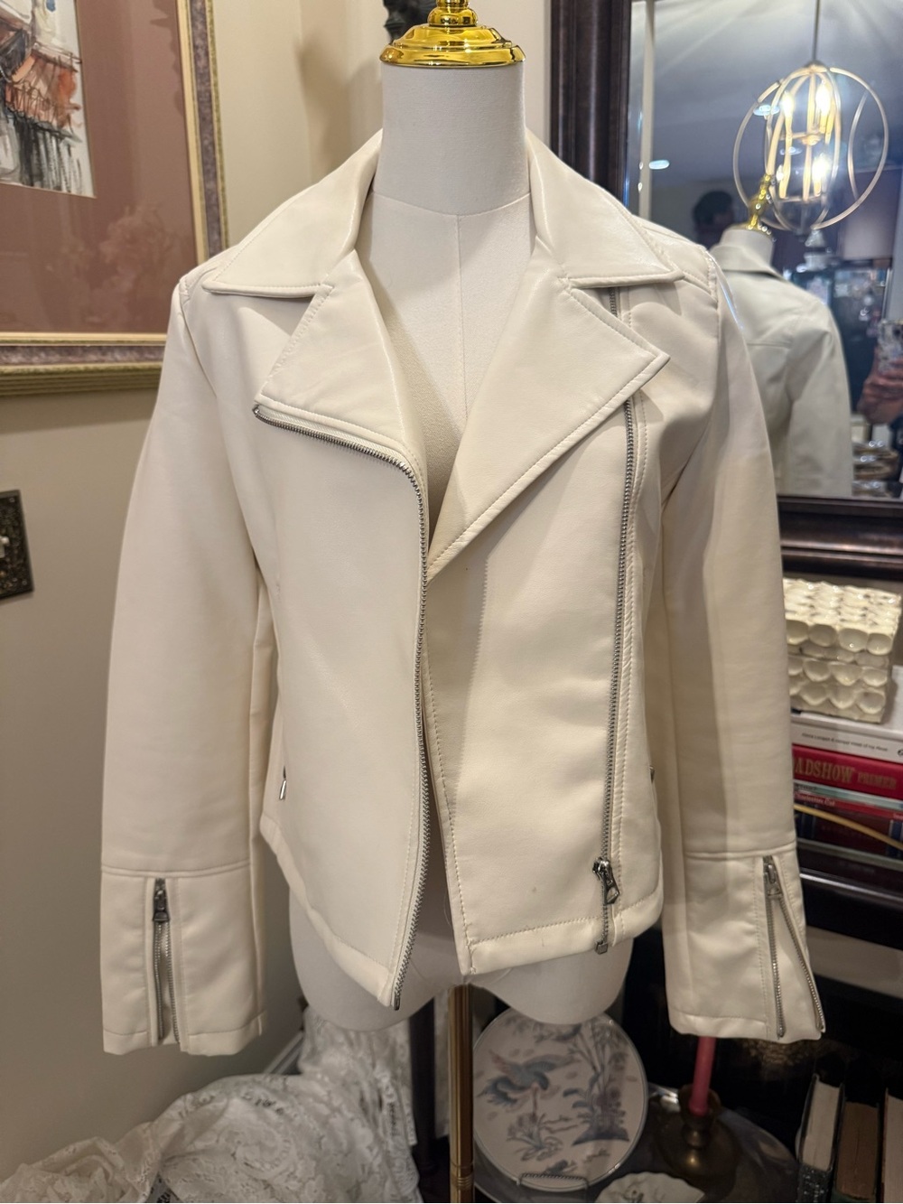 Ashley By 26 International Cream Moto-Style Faux Leather Jacket